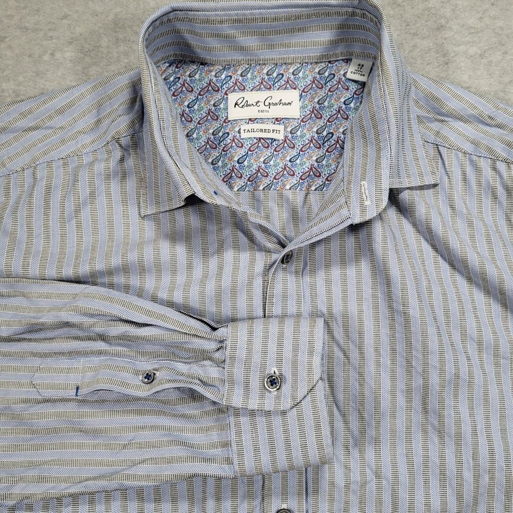 Robert Graham Mens XL 43 17‎ Tailored Fit Blue Black Stripe Long Sleeve Shirt
